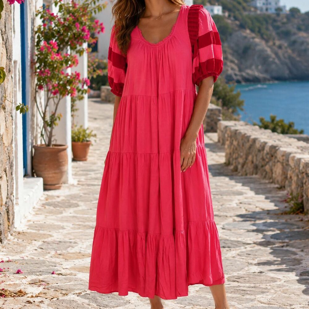 The Great. Red Tiered Puff Sleeve Maxi Dress Striped Red Resort Cotton M 279898